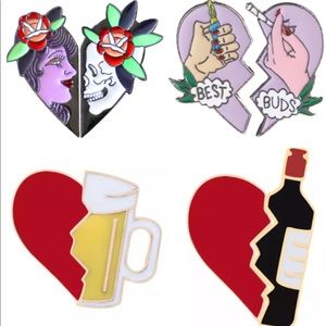 Matching Pairs Heart Enamel Pins Beer Wine Bud BFF